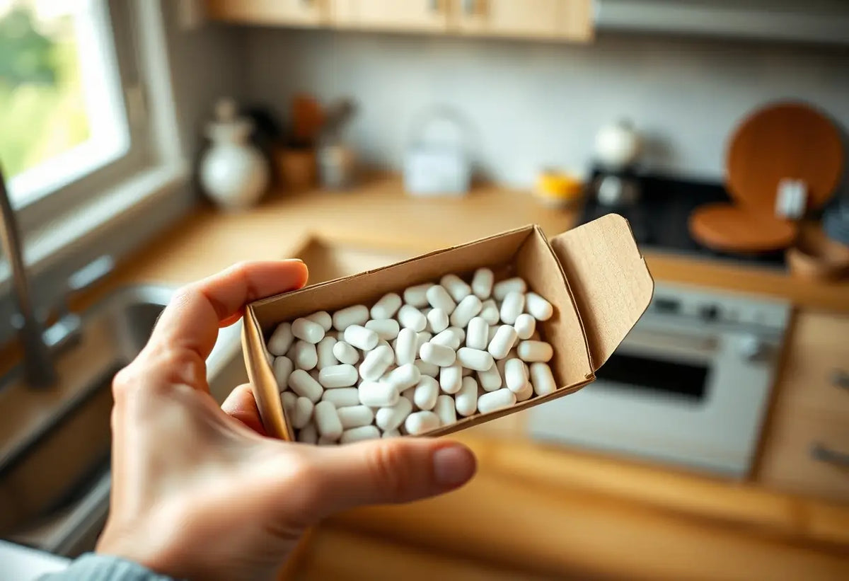 Une main féminine tient une boîte cartonnée avec des comprimés, sur un plan de travail cuisine, contraception d'urgence.
