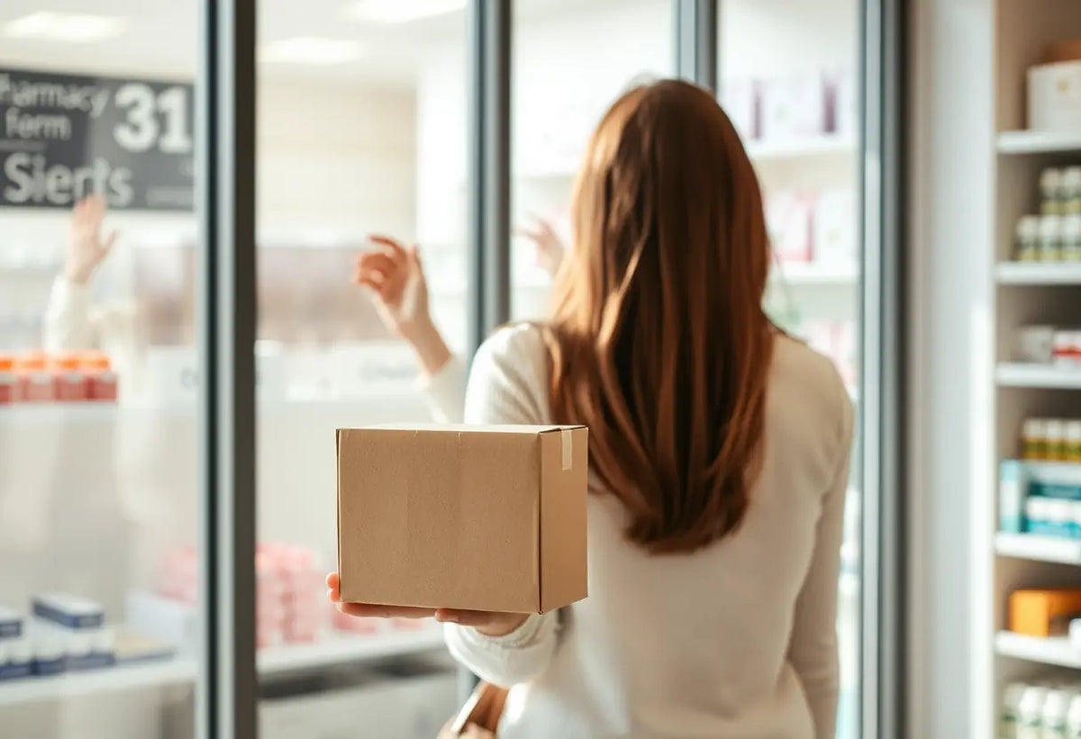 Une femme tient une boîte cartonnée dans une pharmacie