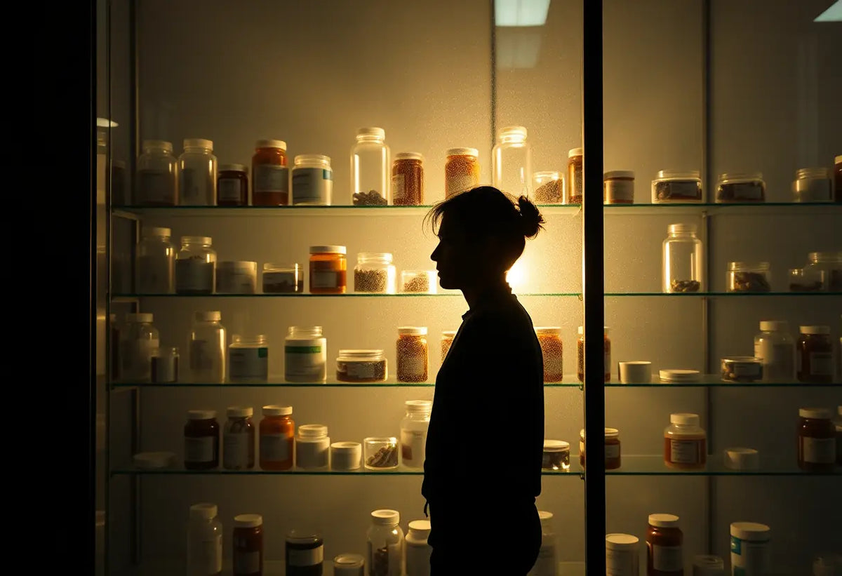 Silhouette devant des bouteilles de médicaments pour la contraception d'urgence