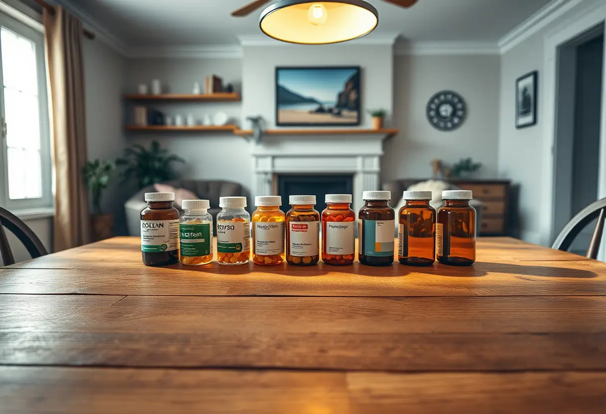 Un grand meuble avec des bouteilles de comprimés disposées en rangée, dans un salon accueillant
