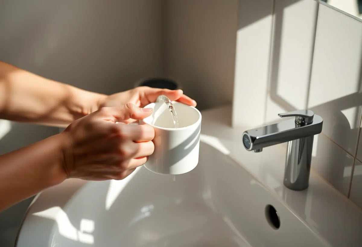 Mains versant de l'eau dans une tasse blanche en porcelaine sur un lavabo de salle de bain, lumière matinale