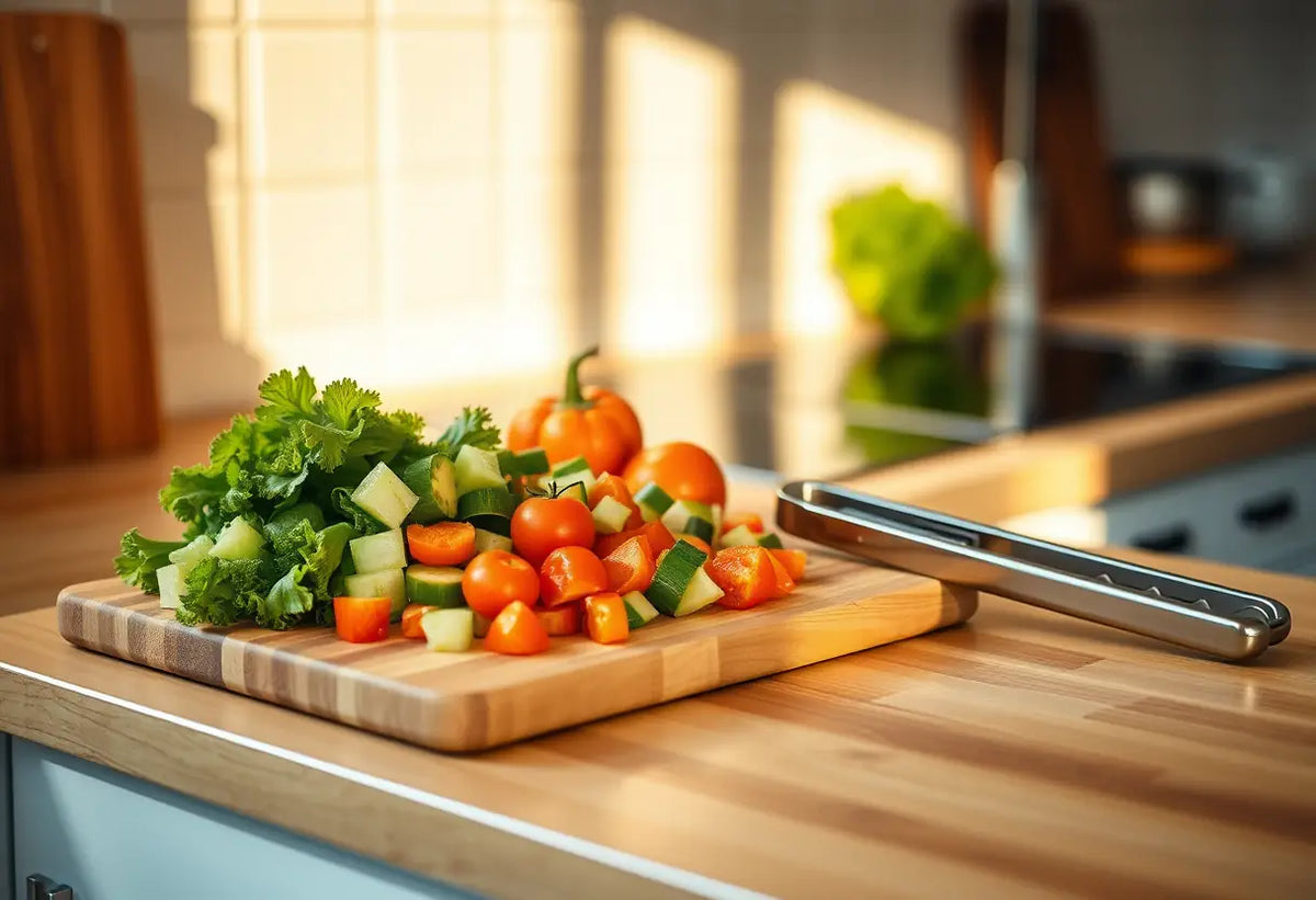 Un plateau de bois avec des légumes tranchés dans une cuisine