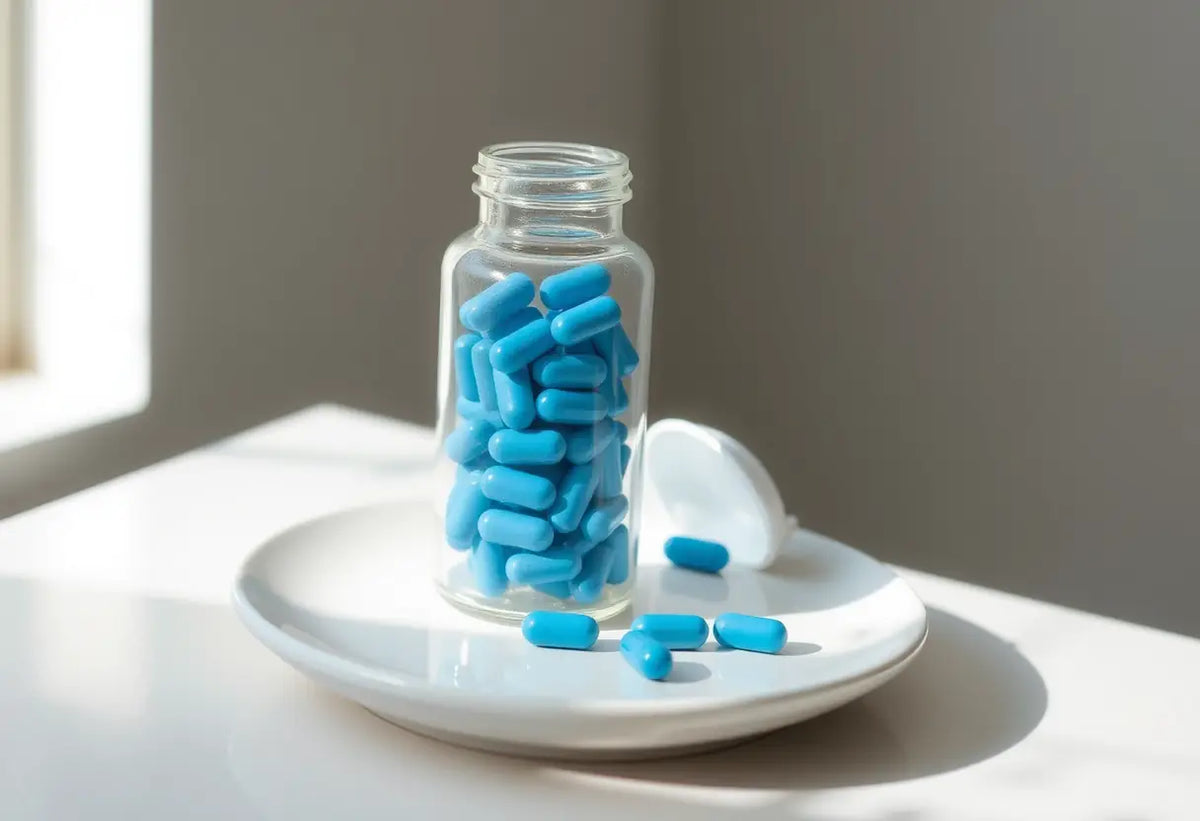 Une bouteille de pilules contraceptives sur un plateau céramique blanc