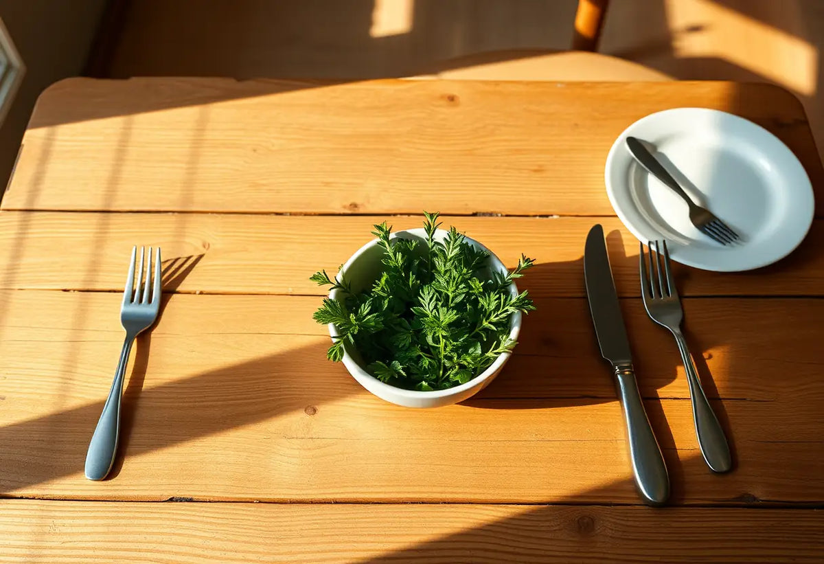 Un couvert pour deux avec un bol rempli d'herbes fraîches au milieu de la table