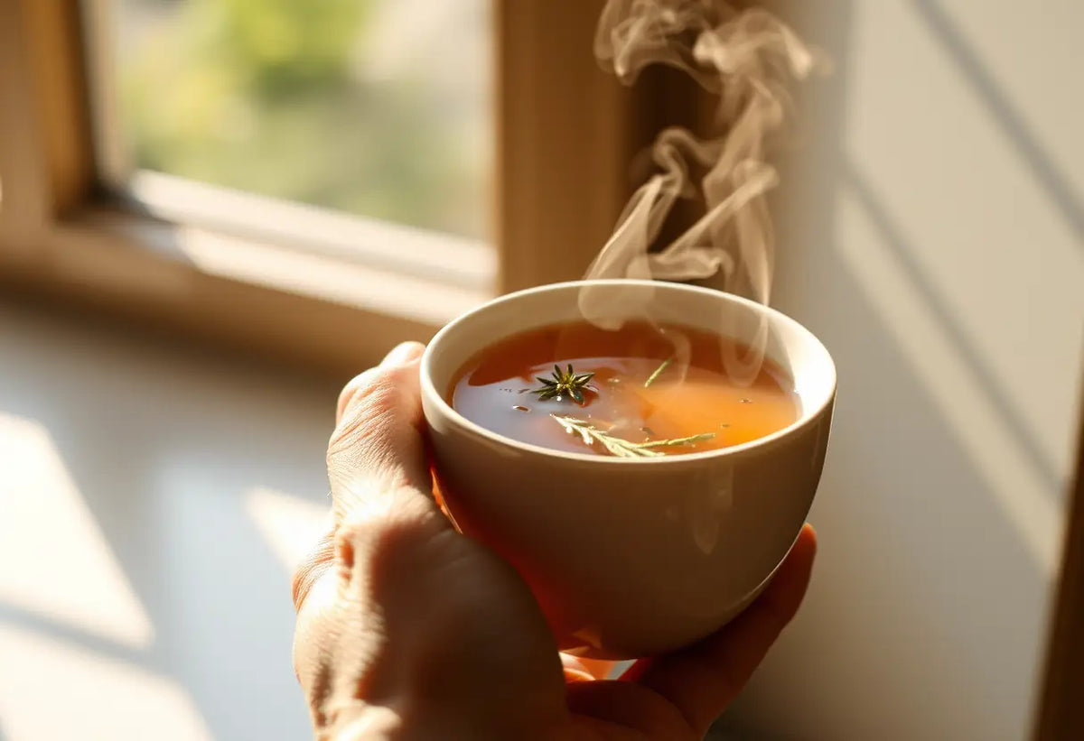 Une main tenant une tasse de thé aromatique