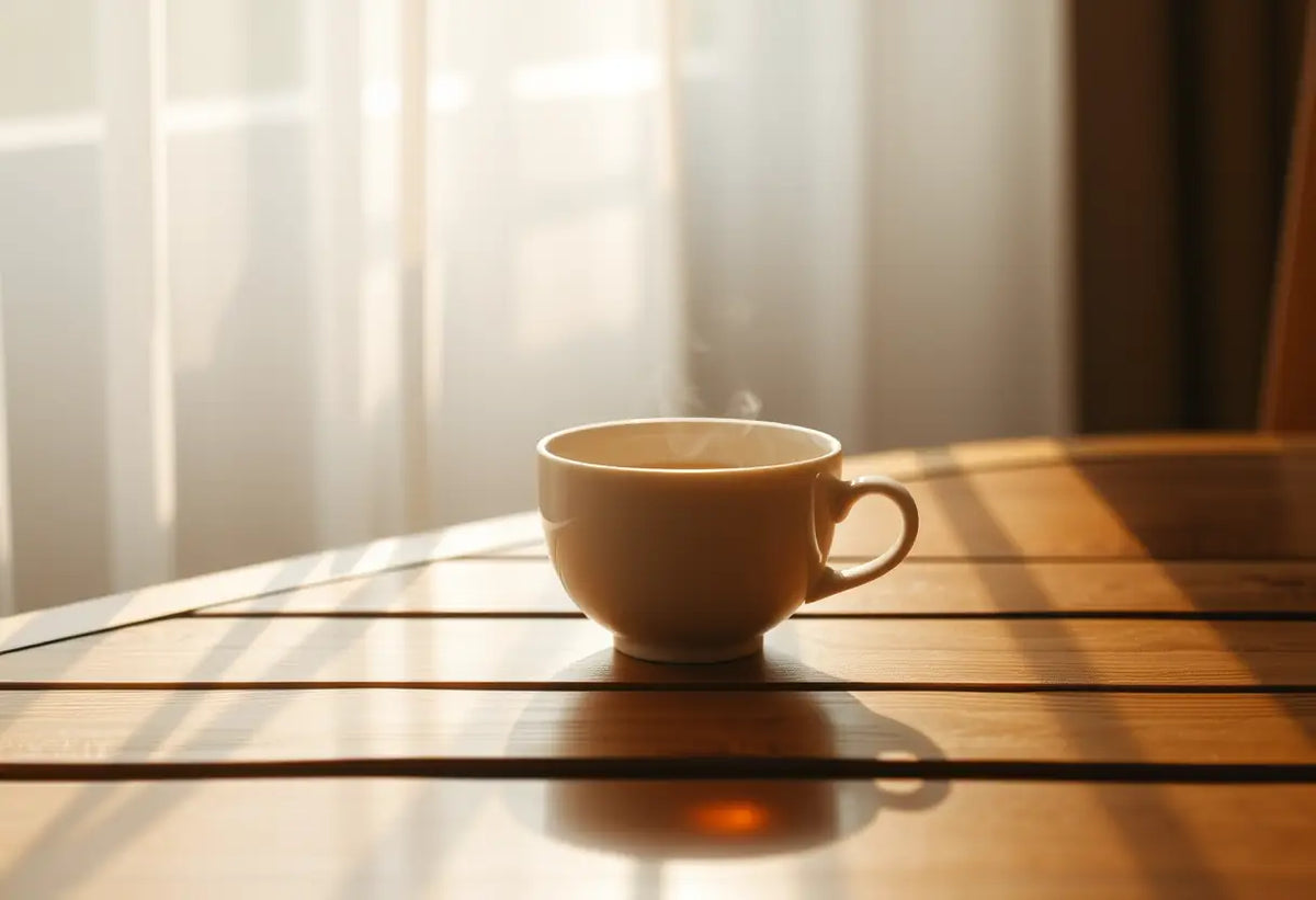 Une table en bois avec un plateau en verre reflétant la lumière du soleil, où repose une petite tasse en porcelaine remplie de thé