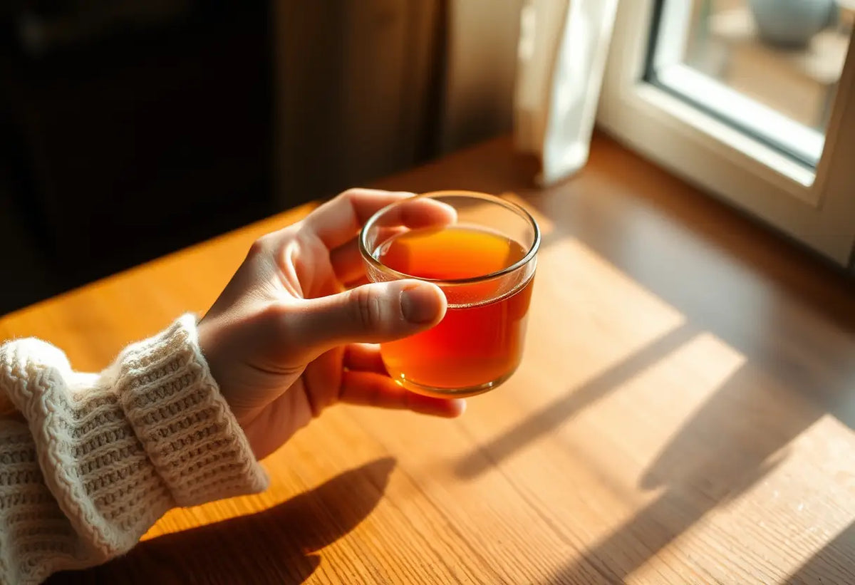 Une main féminine tient une tasse de thé chaud, évoquant la récupération