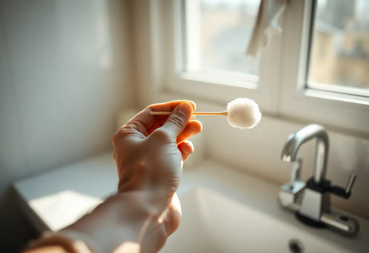 Main de l'homme tenant un tampon de coton près d'un lavabo, lumière naturelle