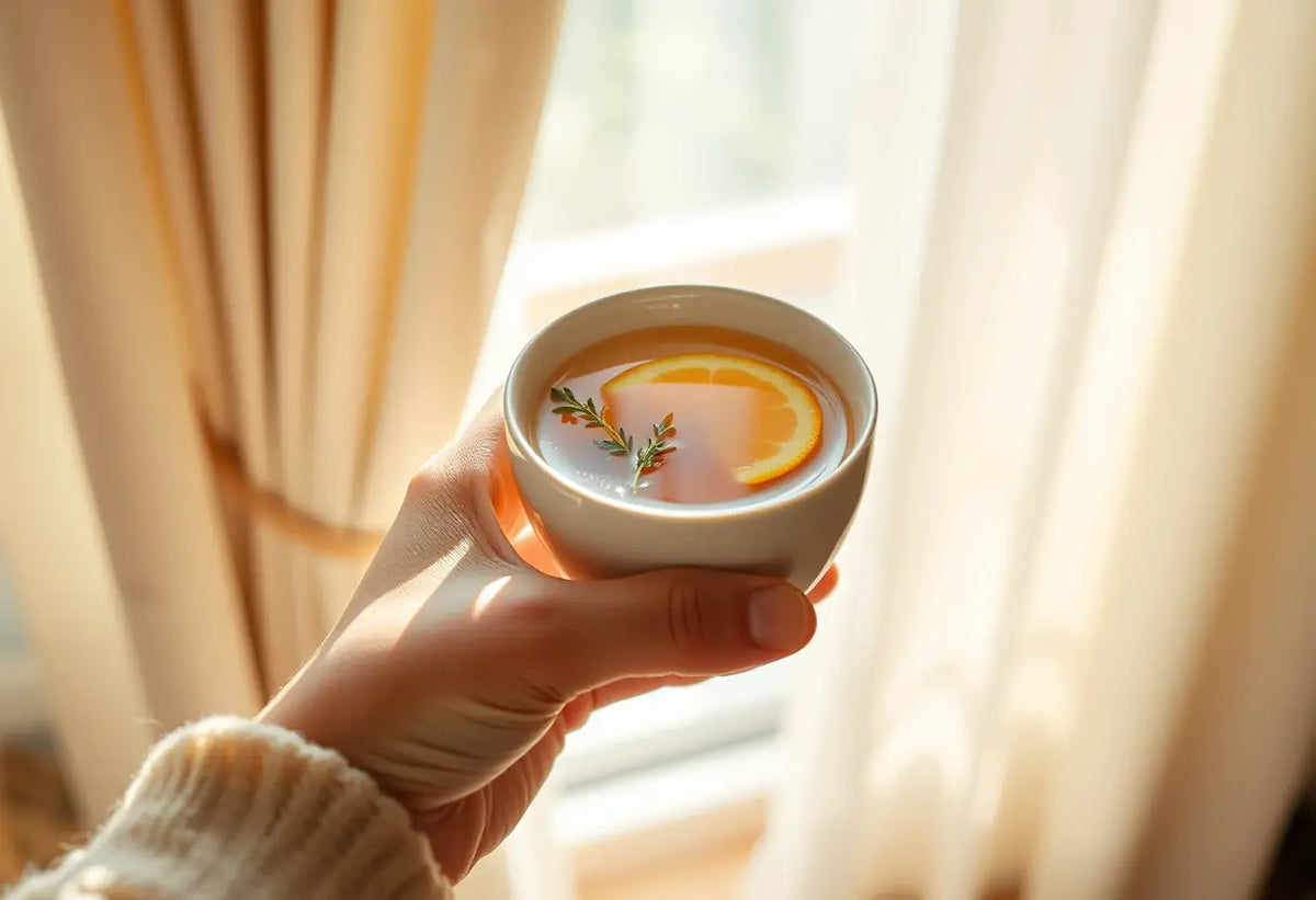 Une main tenant une tasse de thé aux herbes, évoquant douceur et réconfort