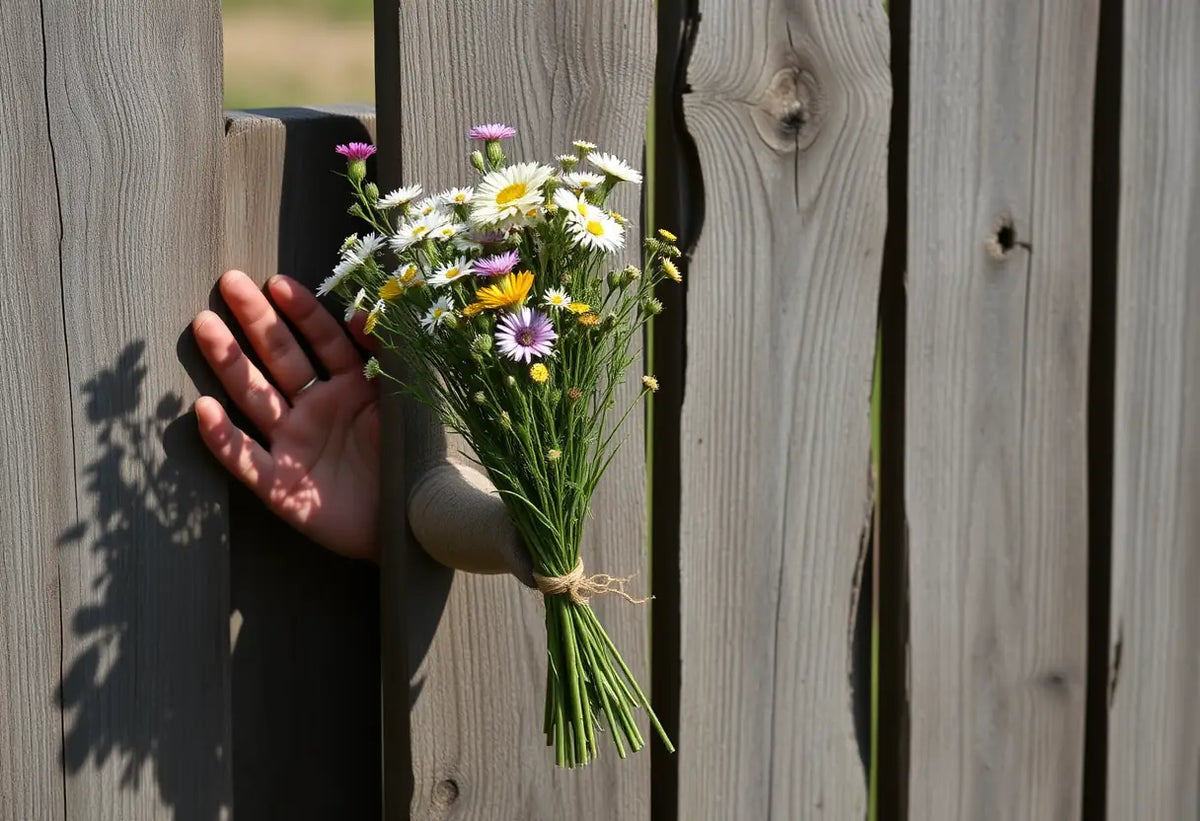Une main tenant un bouquet de fleurs sauvages derrière une clôture rustique, symbole de résilience et de beauté