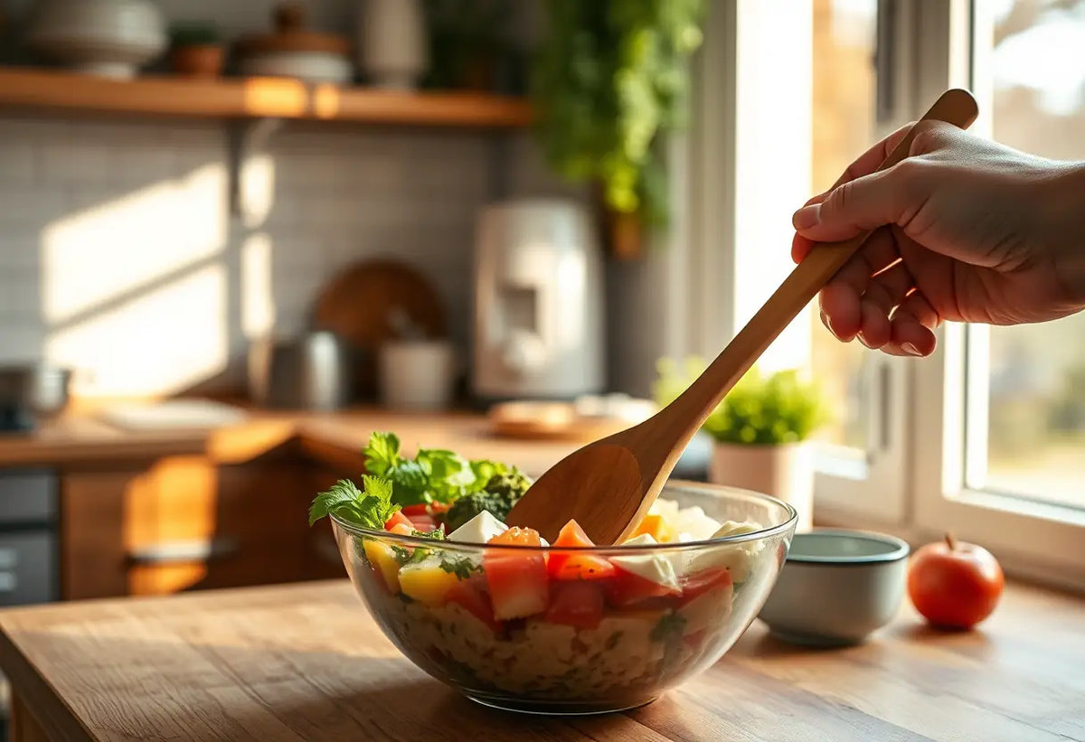 Main dans une cuisine préparant des ingrédients frais