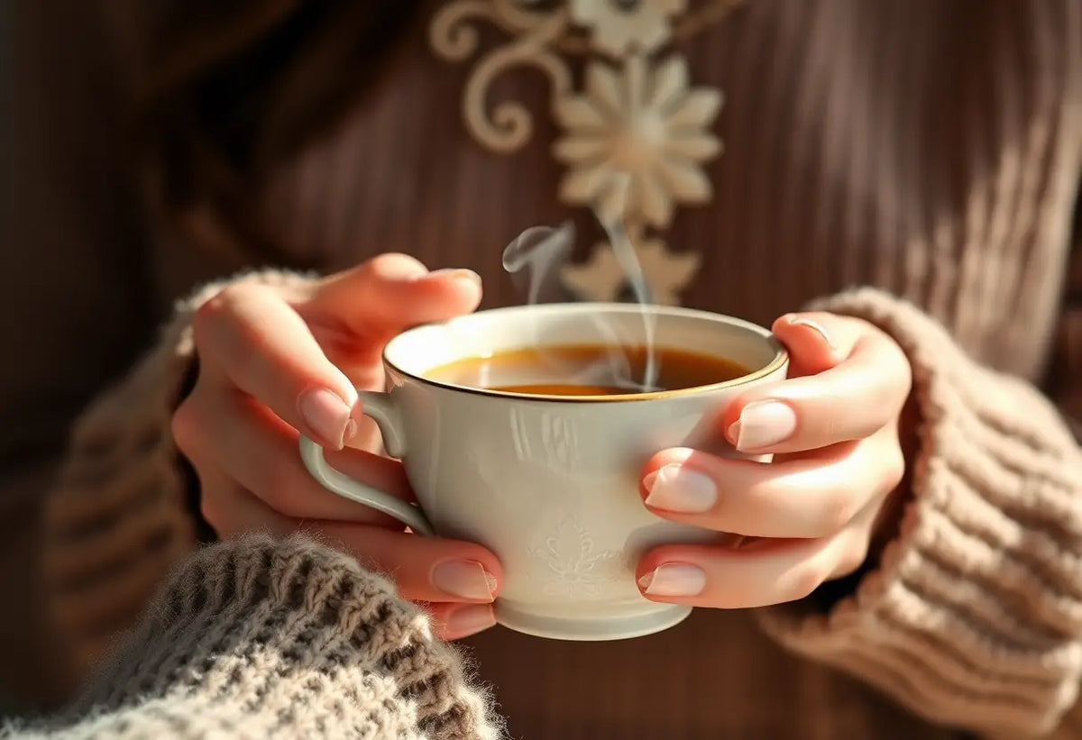 Main de femme tenant une tasse de porcelaine, vapeur chaude montant, symbolisant le réconfort durant la discussion sur les changements hormonaux