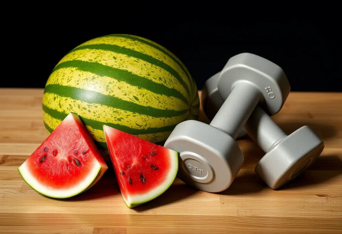 Un couple de haltères repose à côté d'un melon d'eau découpé en tranches, représentant une nutrition équilibrée avec l'activité physique.