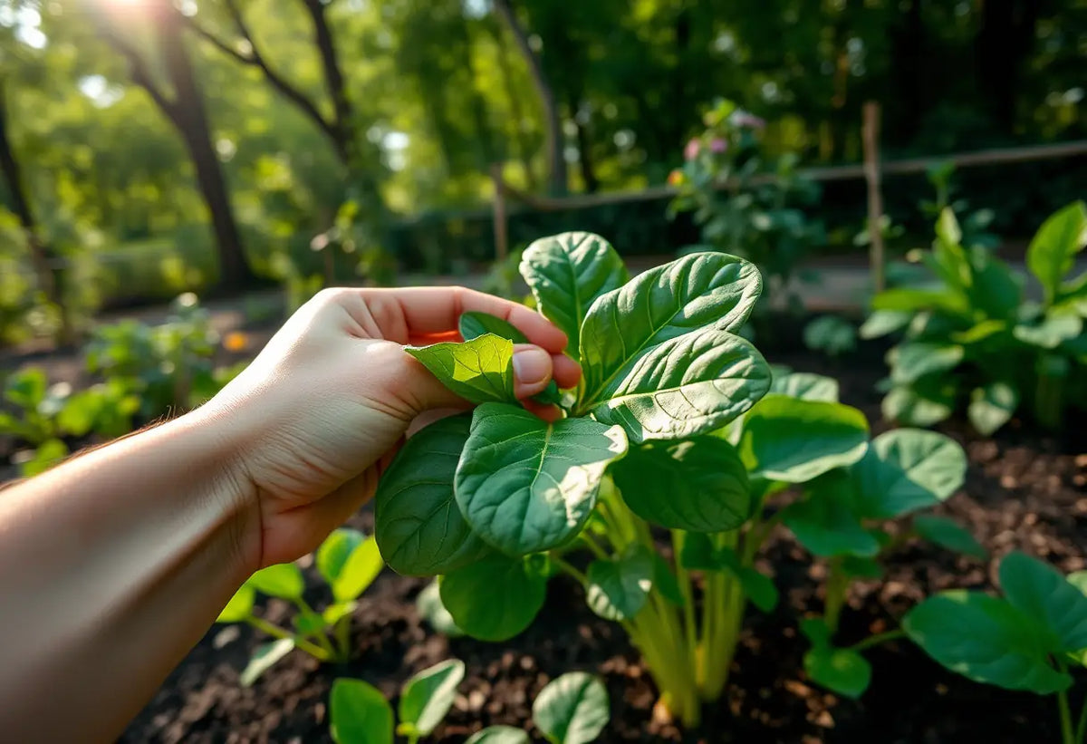 Une main tenant une feuille de betterave dans un jardin potager, lumière naturelle