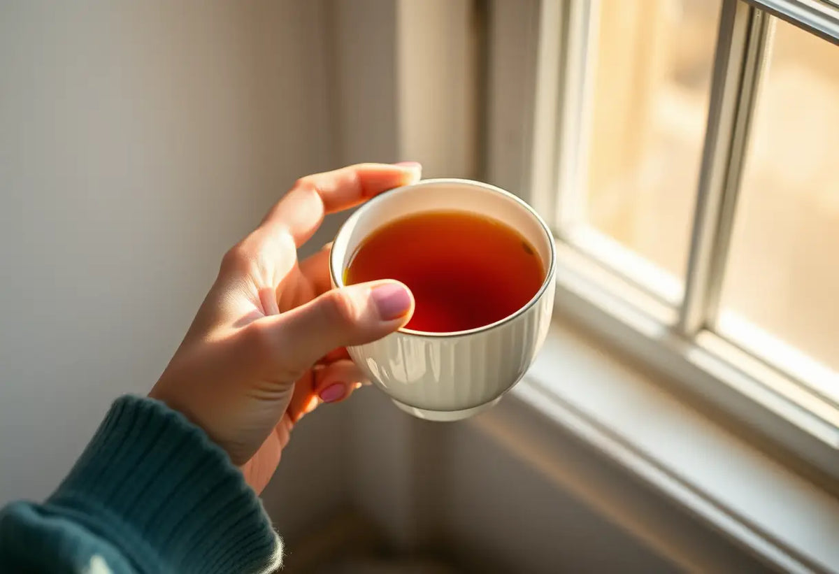 Une main tenant une tasse de thé chaud, symbolisant le confort et la douceur de la ménopause