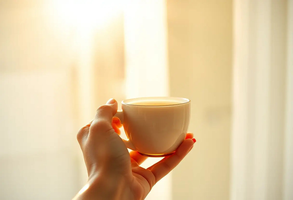 Une main tenant une tasse de thé herbeux, symbolisant l'adaptation à la ménopause