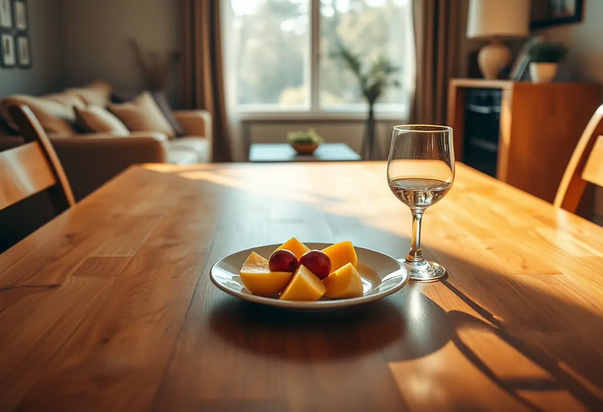 Un bureau en bois avec des fruits frais et une tasse vide