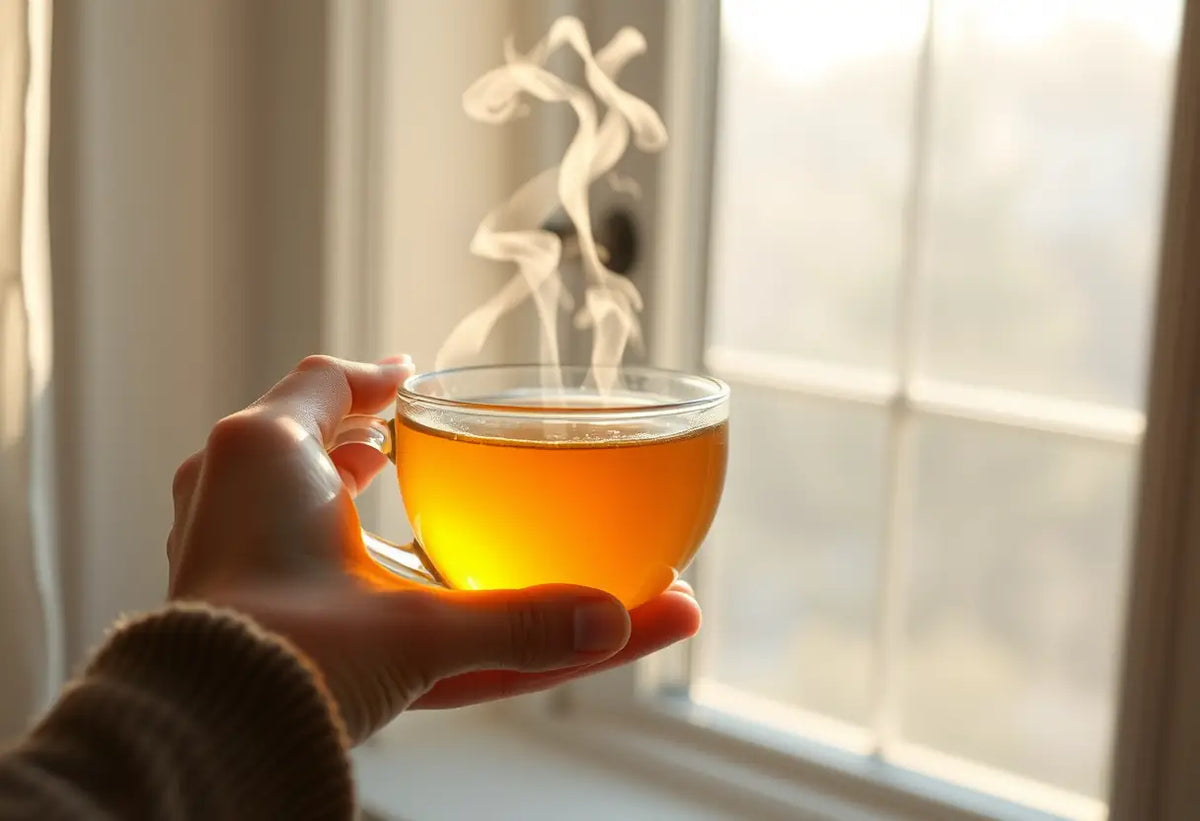 Main d'une femme tenant une tasse de thé herbeux, lumière du matin filtrant par la fenêtre