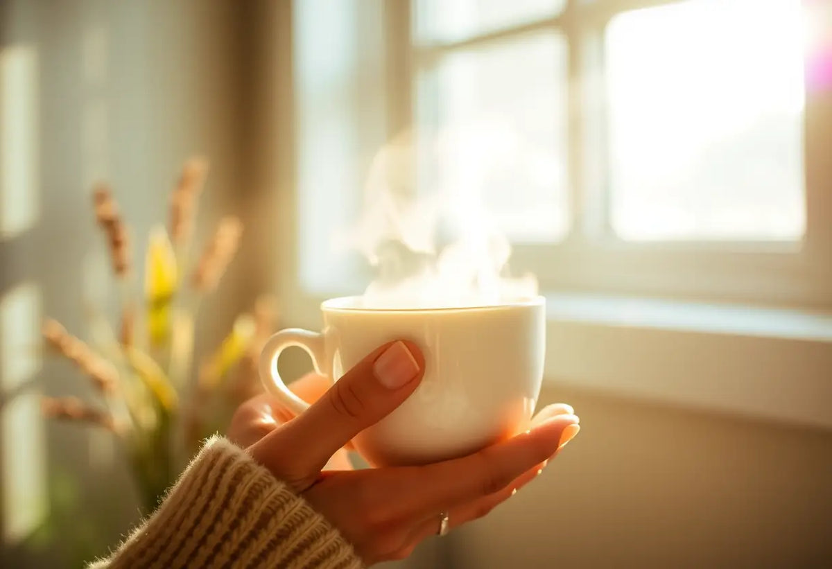 Une main tenant une tasse de thé chaud, apportant chaleur et confort