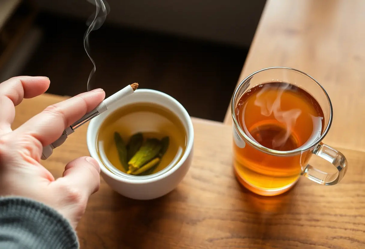 Une main tenant un cigare près d'une tasse de thé herbeux, symbole des choix entre habitudes nuisibles et bénéfiques