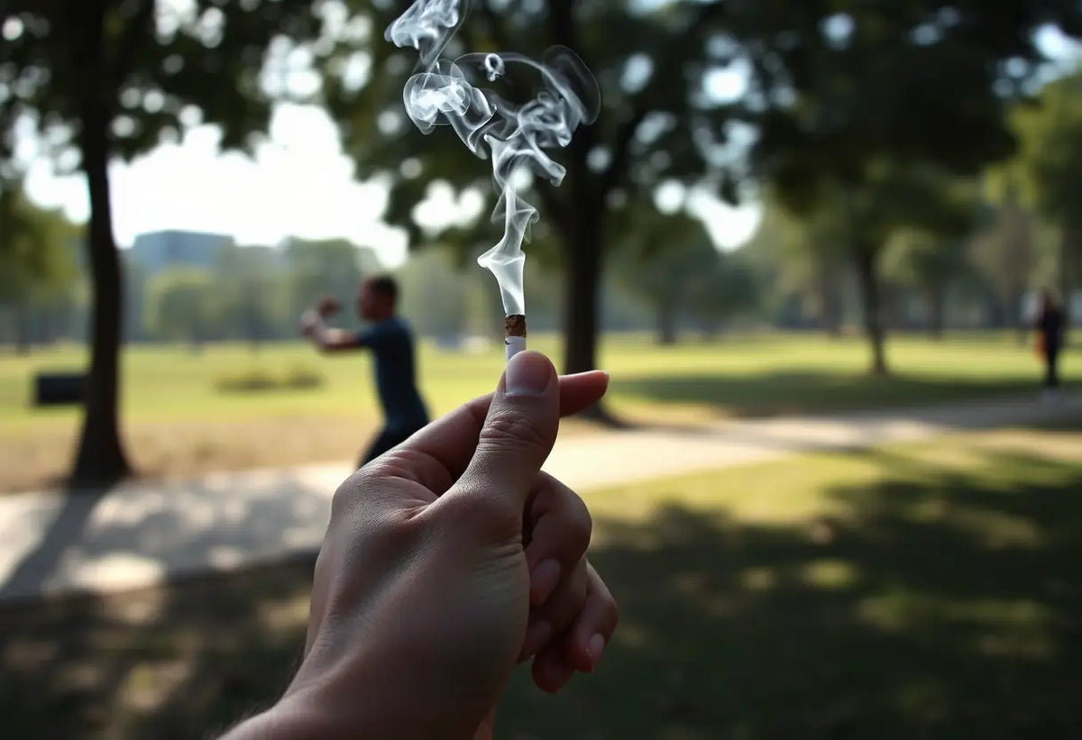 Une main tenant une cigarette contrastant avec une silhouette d'une personne faisant du sport en arrière-plan, article sur la dysfonction érectile