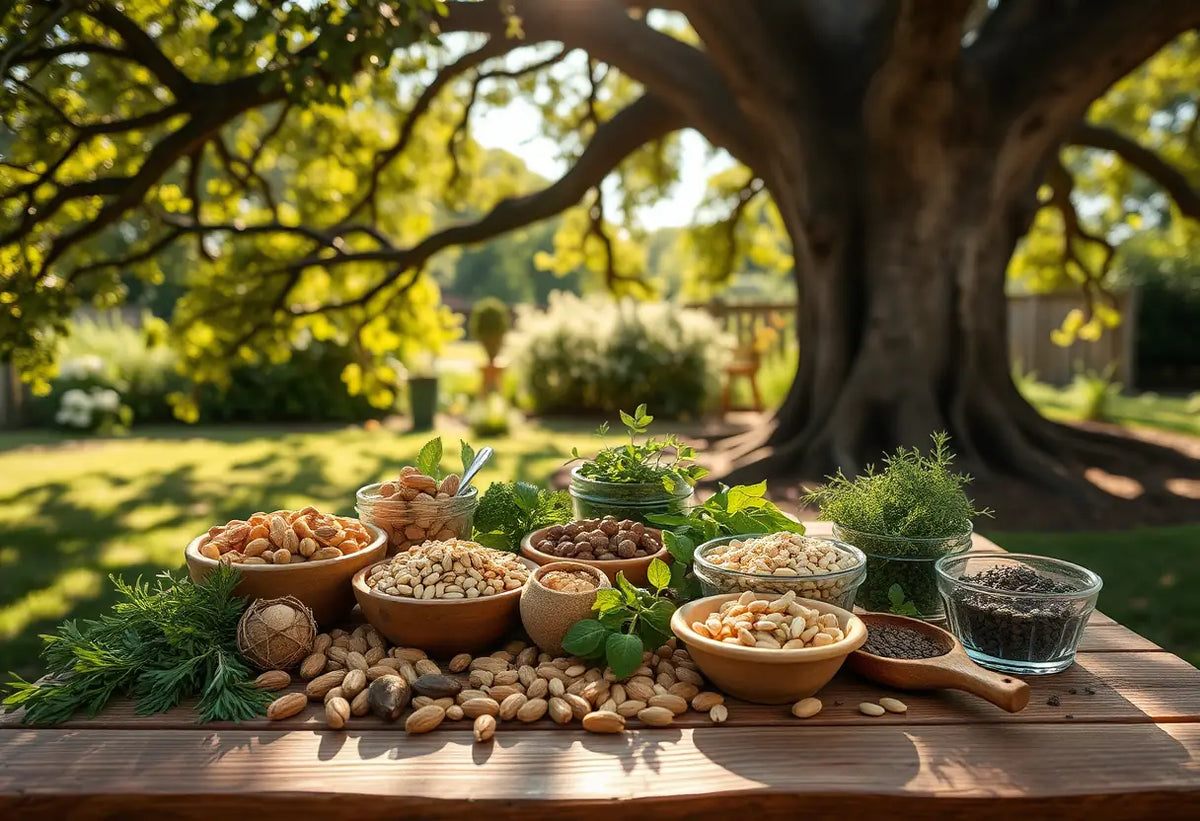 Un plateau rempli de noix, graines et herbes fraîches sous un grand arbre dans un jardin ensoleillé