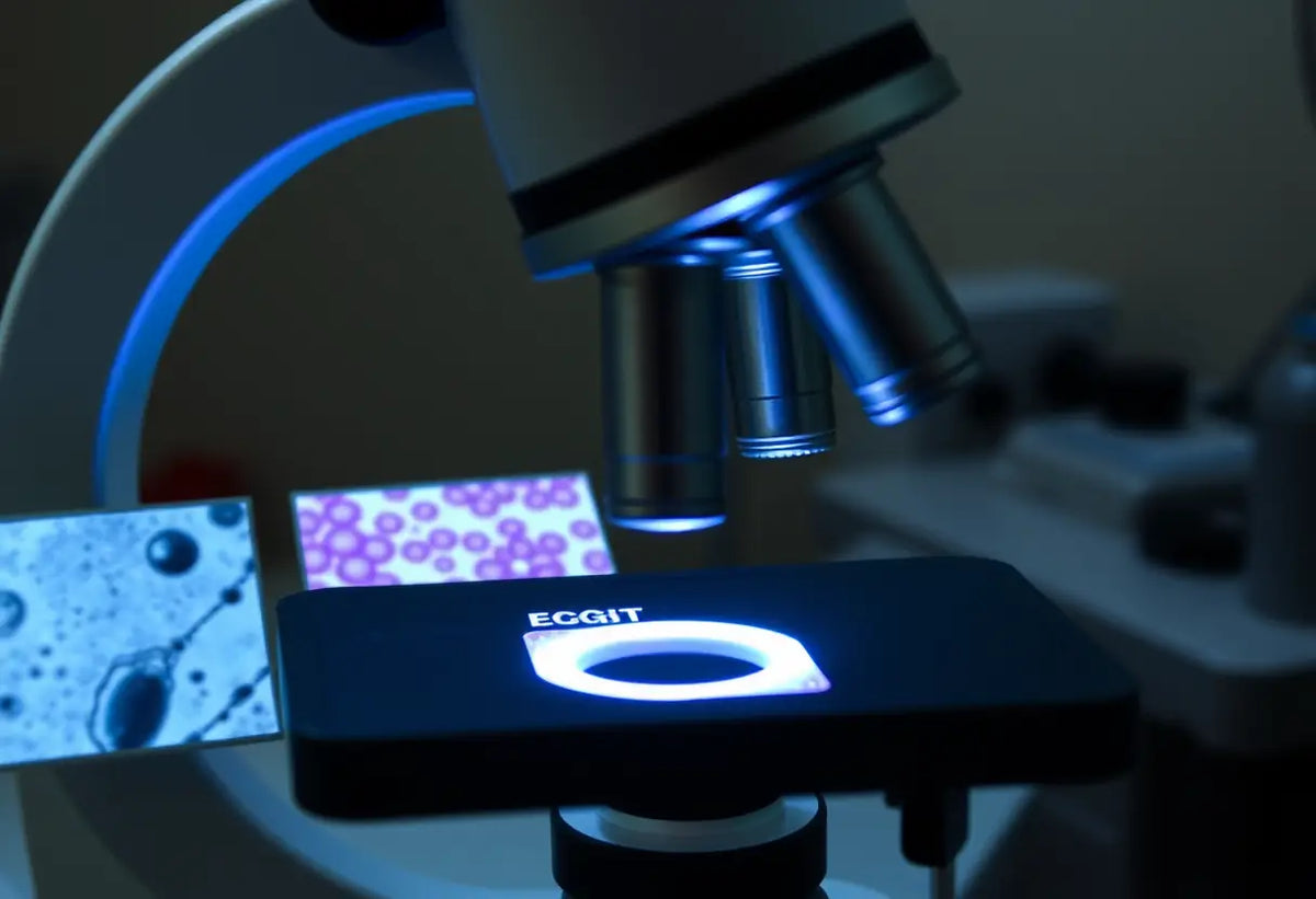 Microscope montrant des cellules humaines, représentation du processus d'examen des ovocytes donnés