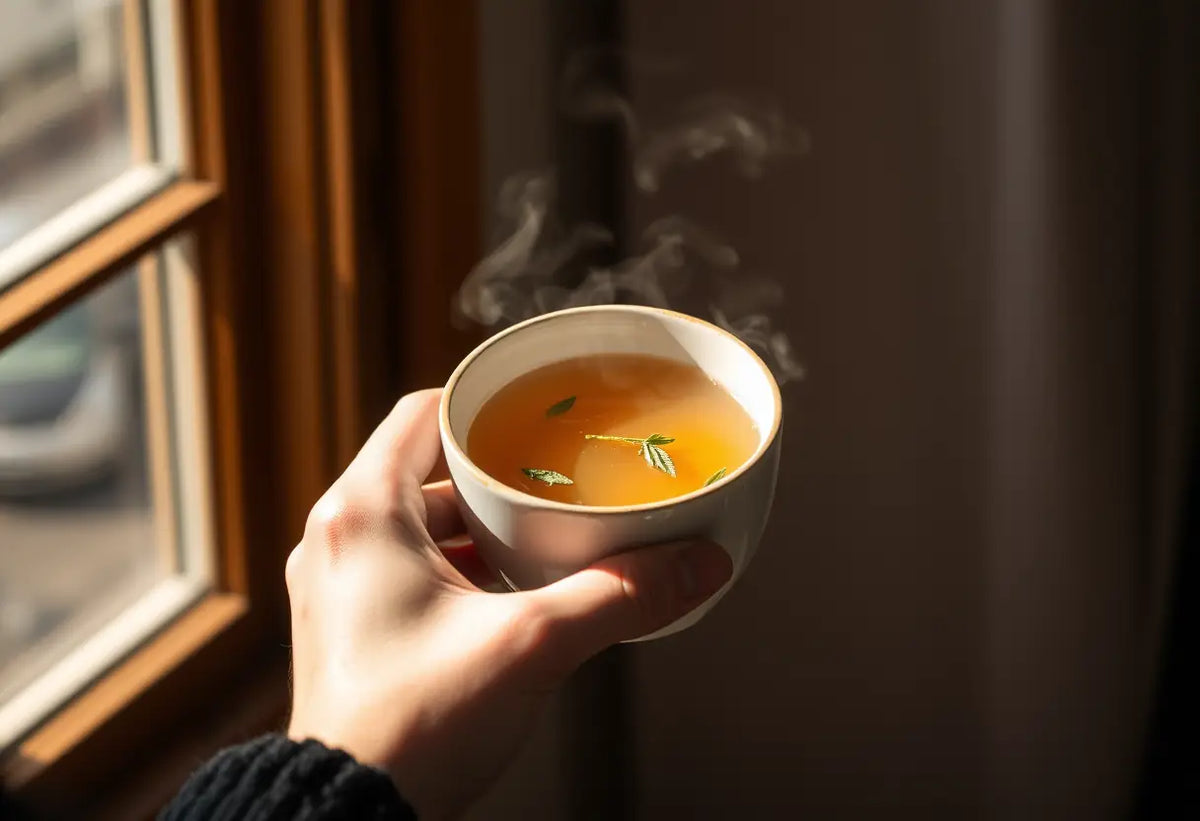 Une main tenant une tasse de thé chaud, ambiance sereine