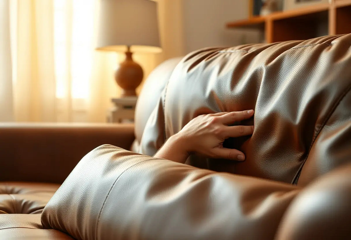 Une main derrière un coussin en cuir souple dans un salon, montrant le mal de dos lié à la position assise