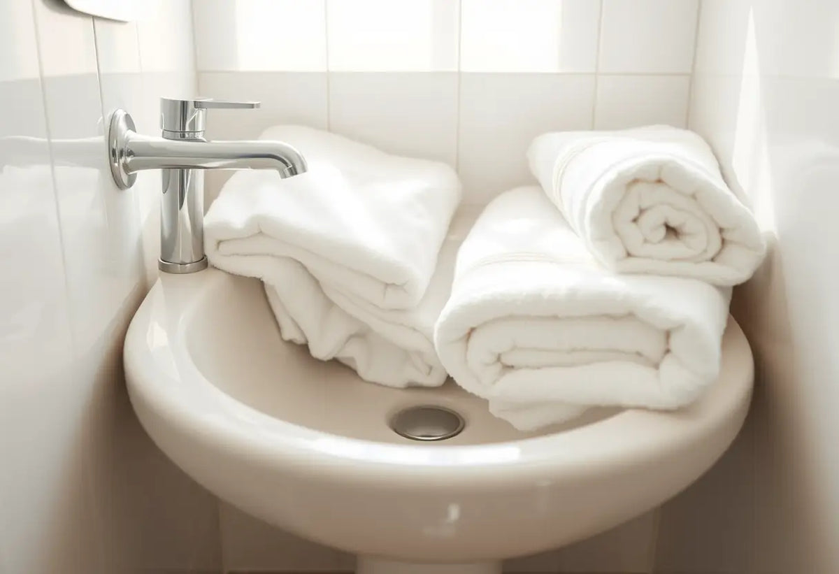 Lavabo de salle de bains avec des serviettes propres pliées, lumière du matin se reflétant sur la porcelaine, photo éditoriale sans texte
