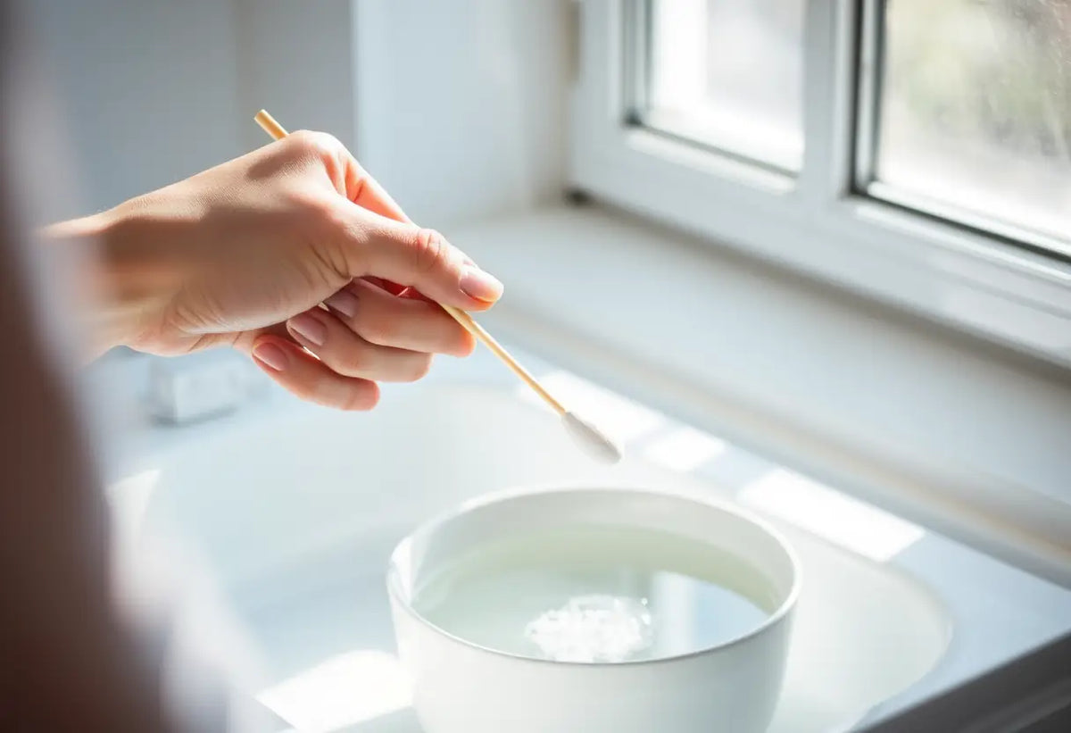 Main: main de femme tenant un coton-tige dans un bol d'eau