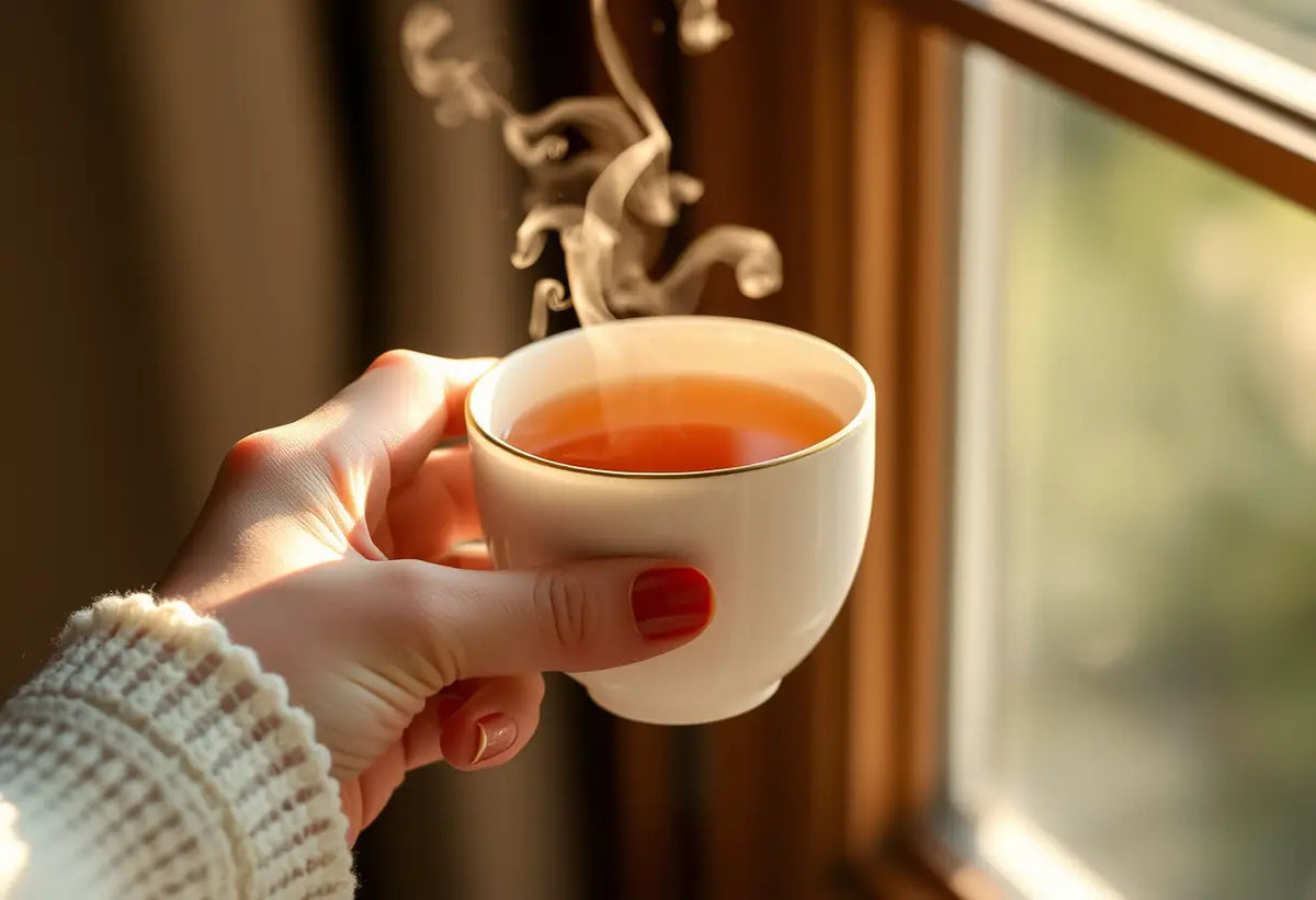 Une main tenant une tasse de thé chaud, évoquant apaisement et bien-être