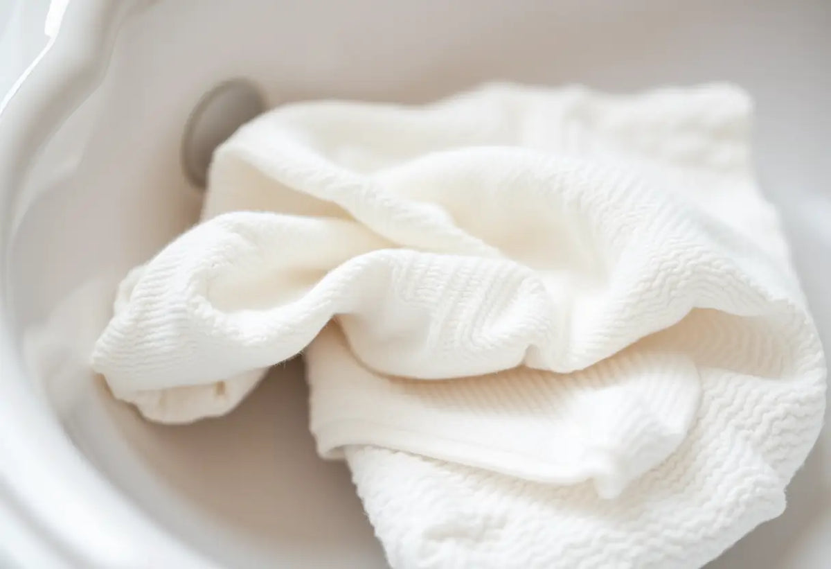 Un gant de toilette en coton posé sur une serviette dans la salle de bain, douleur périnée.