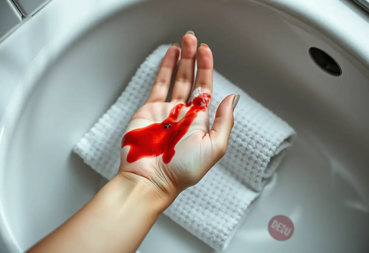 Main dans une salle de bain, tampon taché de sang