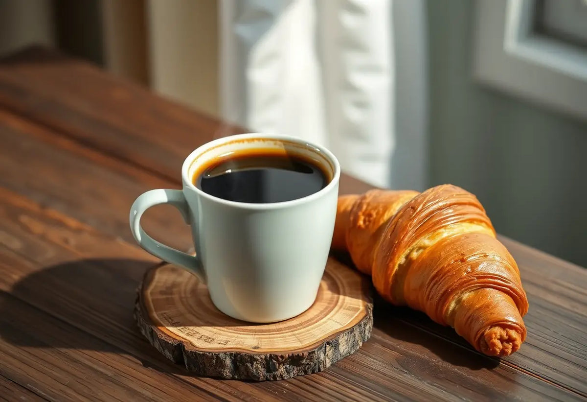 Une tasse de café noir fumant sur un coussinet en bois rustique près d'un croissant moitié mangé
