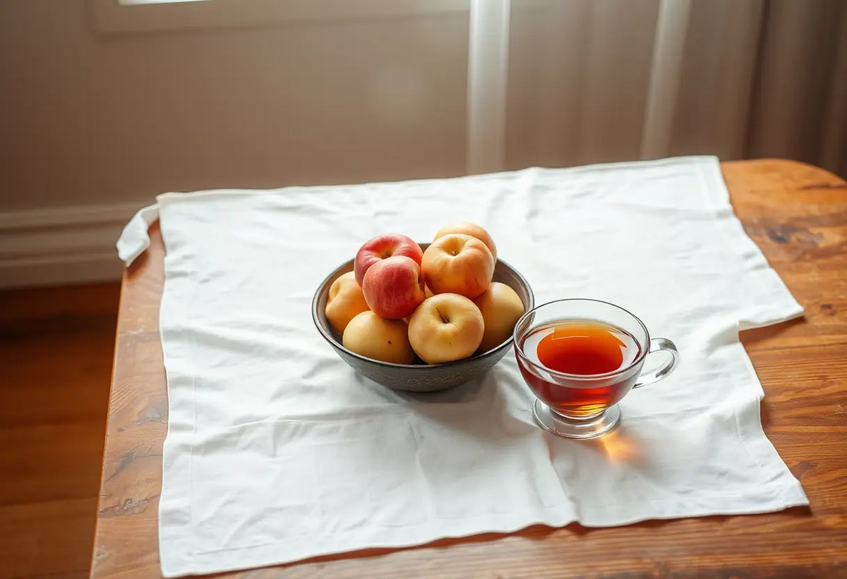 Un bureau en bois couvert d'un linge blanc, contenant un bol d'apples fraîches et une tasse de thé, dans une lumière douce et diffuse.