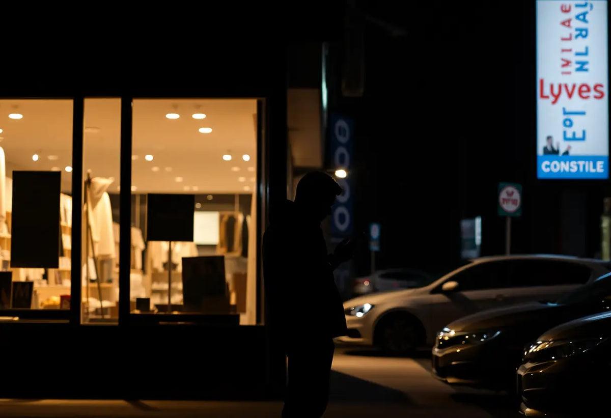 Silhouette d'une personne devant une boutique fermée la nuit, regardant son téléphone