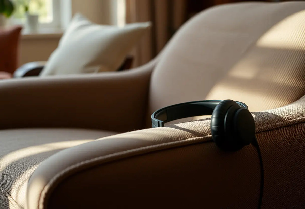 Un casque audio posé sur un fauteuil recouvert d'un tissu dans un salon accueillant
