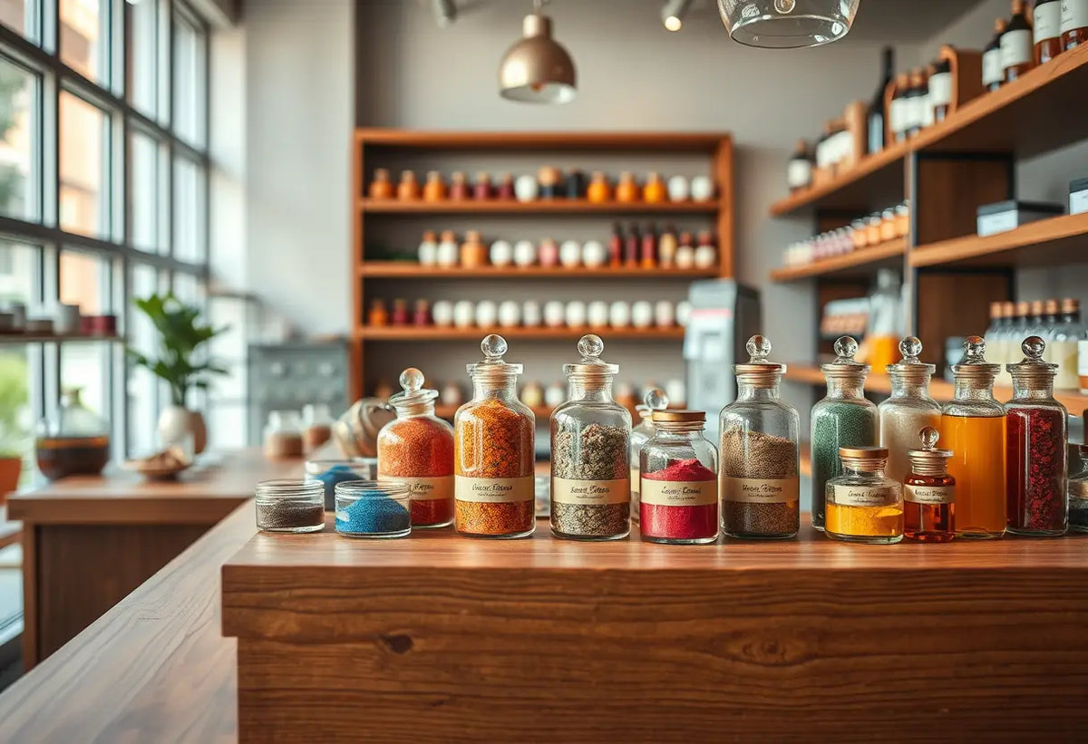 Un comptoir en bois avec des pots de verre colorés dans une boutique