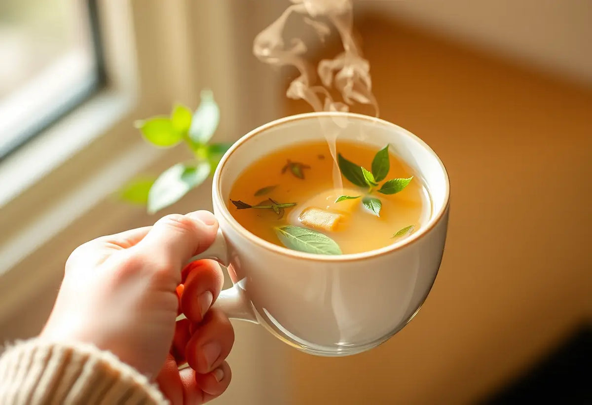 Une main tenant une tasse de thé aromatique fumant, représentant chaleur et confort lors de conversations intimes