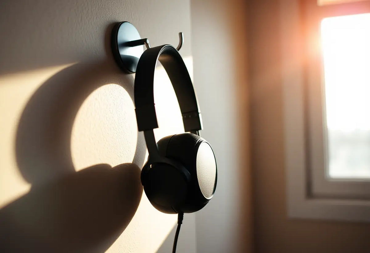 Un casque audio accroché au mur sous la lumière du soleil