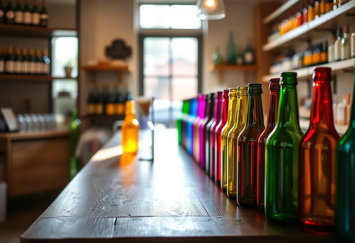 Comptoir en bois avec des bouteilles en verre colorées dans une boutique