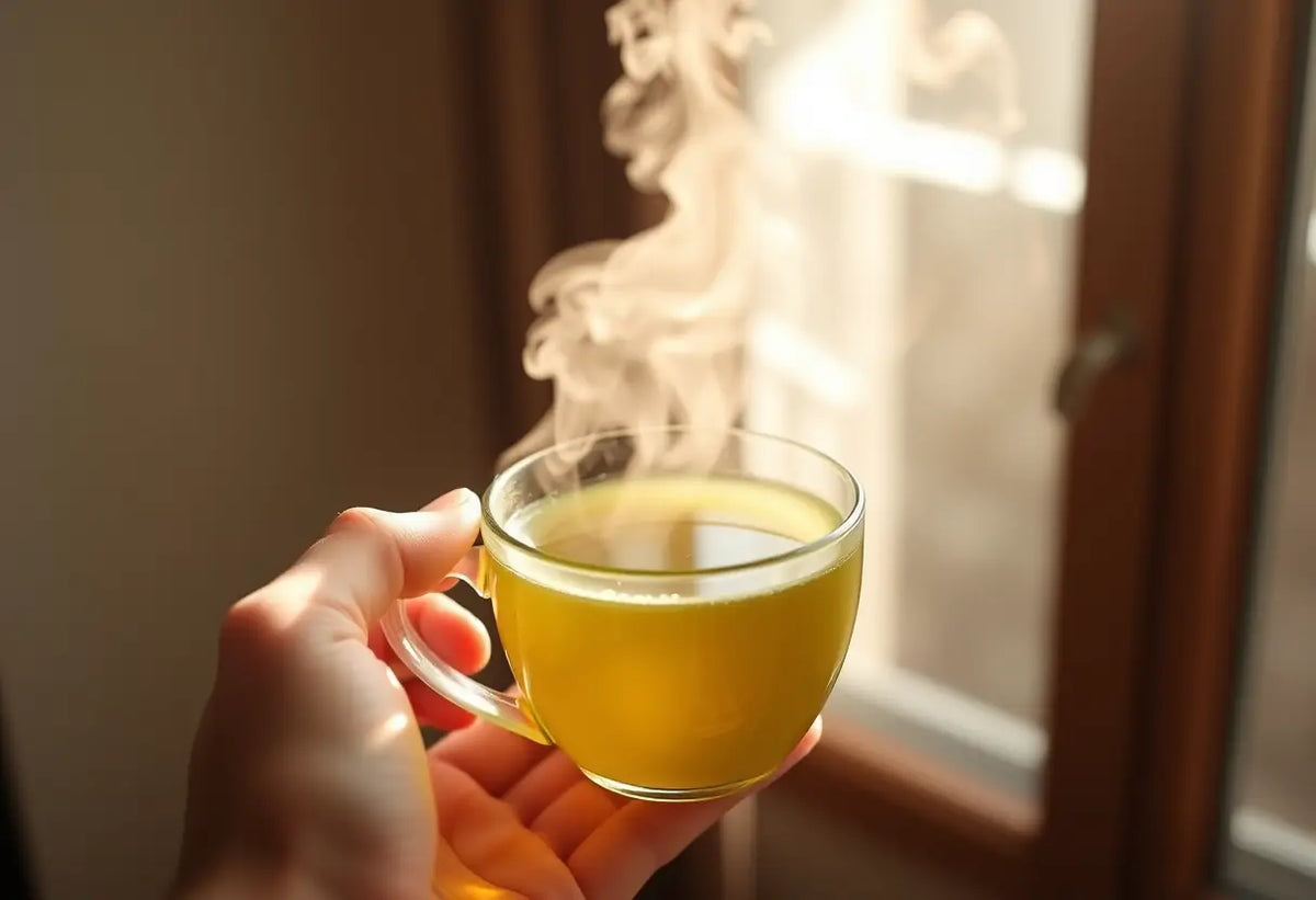 Une main tenant une tasse de thé vert, la lumière du soleil fait ressortir la vapeur chaude et apaisante.