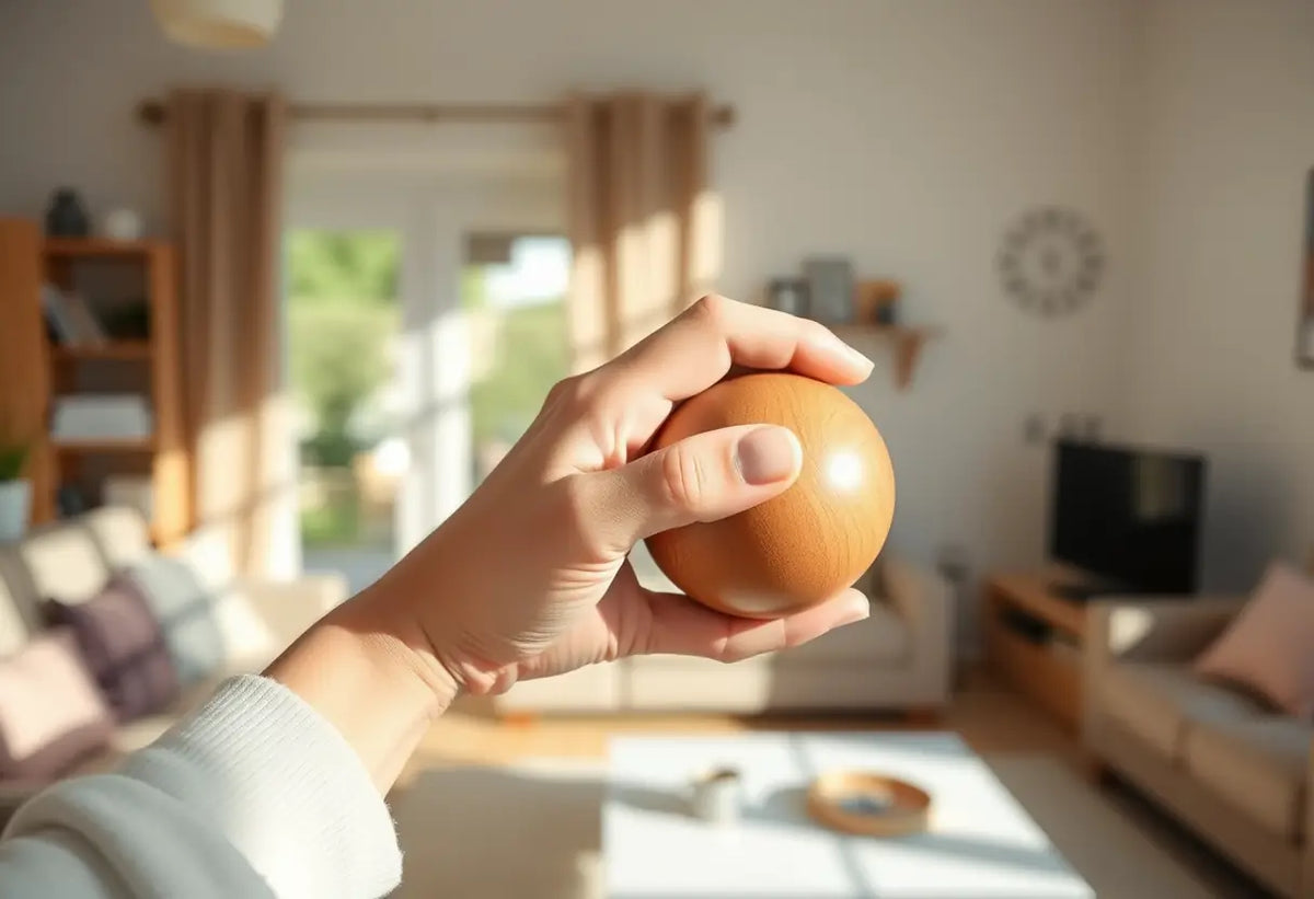 Main du praticien tenant une balle de gymnastique en bois pour expliquer l'exercice