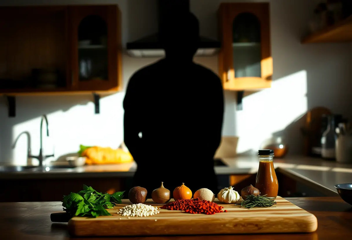 Un profil montre une personne dans une cuisine avec des épices sur un plan de travail