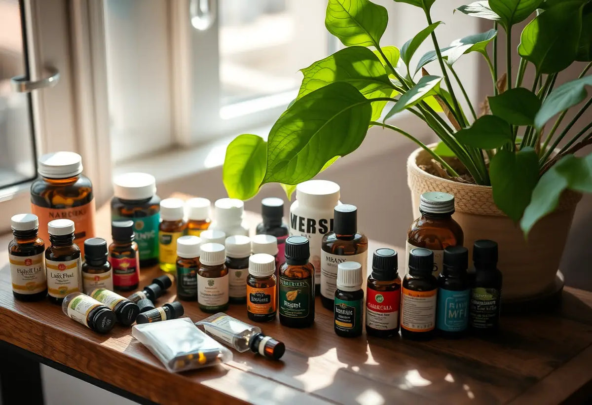 Tableau avec herbes et huiles essentielles pour traiter l'endométriose