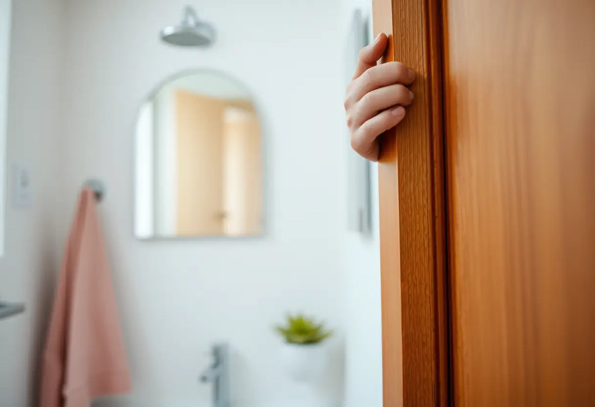 Main refermant une porte de placard dans une salle de bains, soulignant l'importance de l'hygiène personnelle dans la gestion de l'endométriose