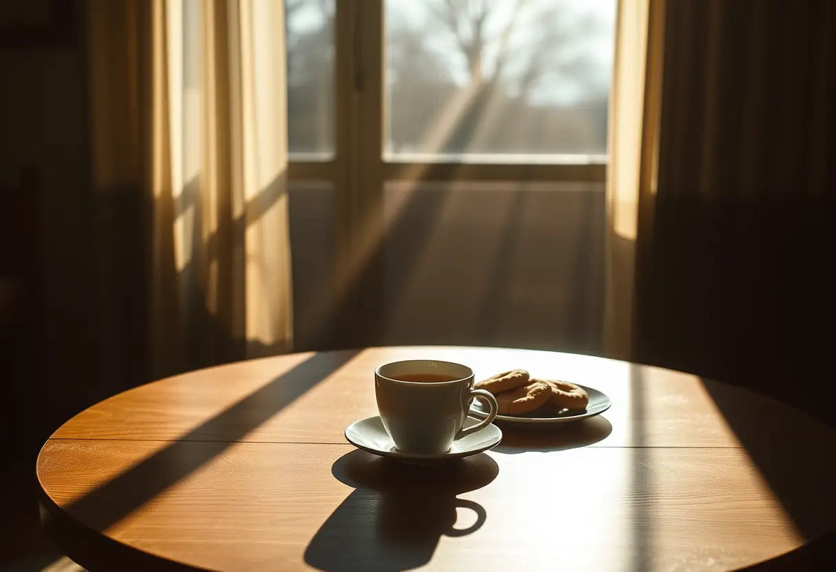 Un profil flou d'une personne assise à une table ronde en bois, une tasse de thé et un plateau de biscuits éclairés par la lumière du jour