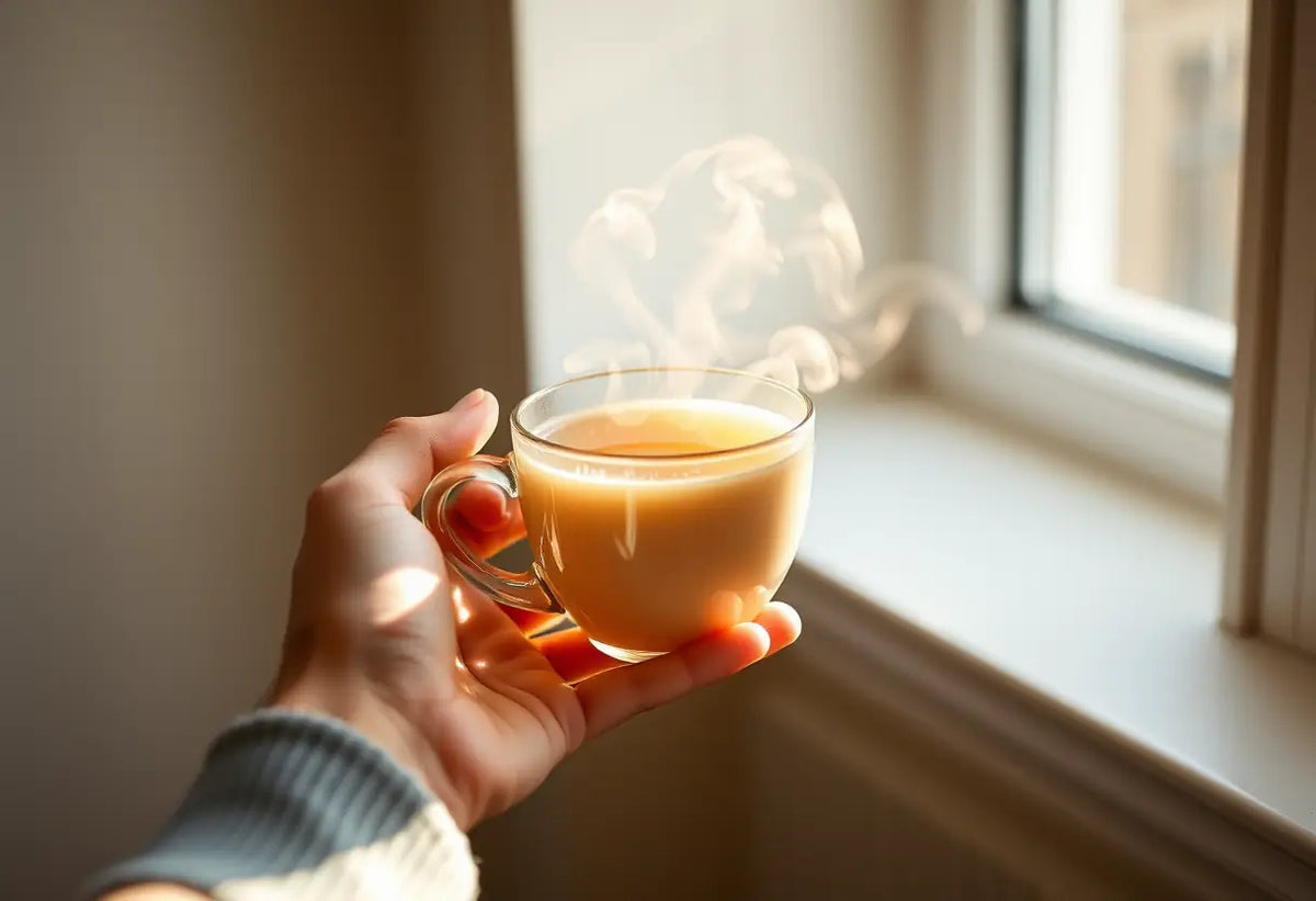 Une main tenant une tasse de thé herbagé sous une lumière douce