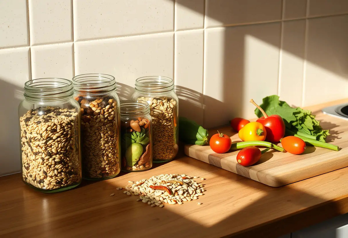 Un plan de travail de cuisine avec des bocaux de graines et fruits secs ainsi que des légumes frais